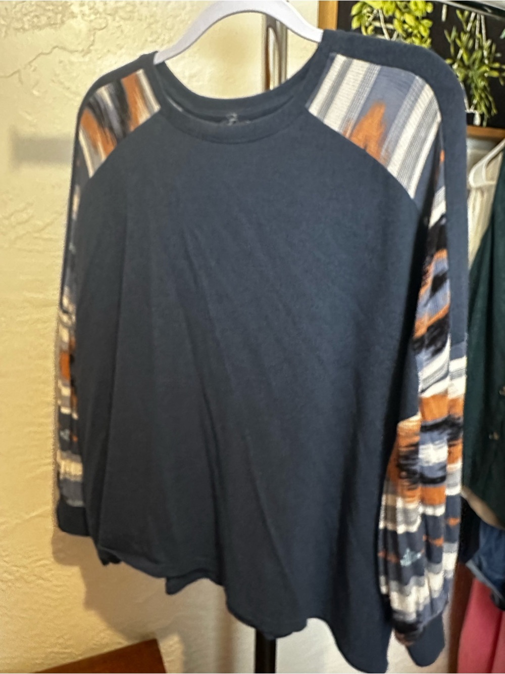 Navy Raglan Sweater with Striped Accent Sleeves